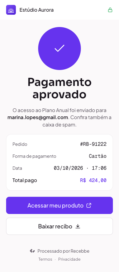 Tela de pagamento aprovado, com o resumo da compra e o próximo passo