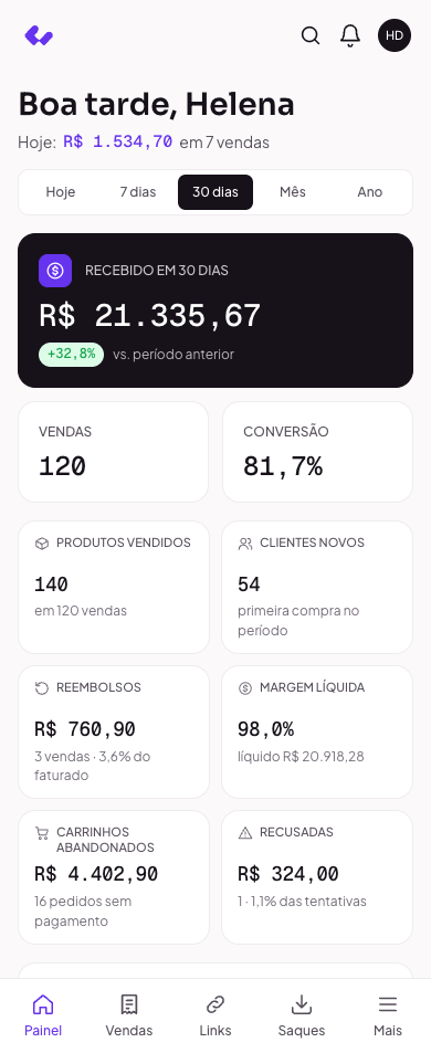 Painel da Recebbe no celular, mostrando o recebido e as últimas vendas